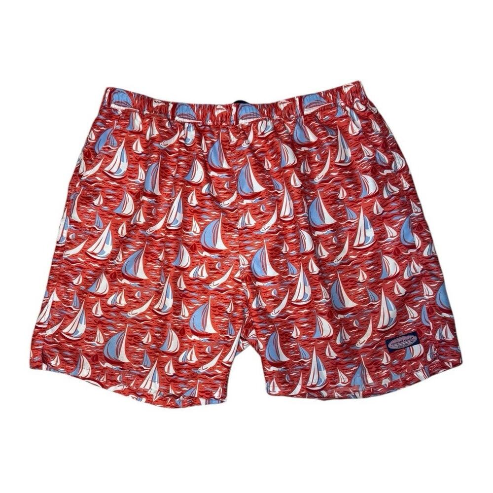 Vineyard Vines Sailboat Nautical Swim Trunks 2XL Red Drawstring Waist Pockets